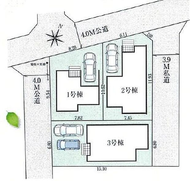 【全体区画図】カースペースございます。(3号棟は並列2台可)
1、2号棟は角地のため、陽当り・通風良好です♪