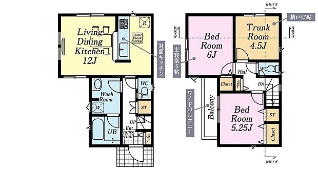 【間取図(2LDK+S・)】1階は12帖のLDKと浴室・洗面・トイレ、2階は6帖・5.25帖の洋室と4.5帖納戸を配置。駐車1台、土地72.74m2の2階建て間取図です。