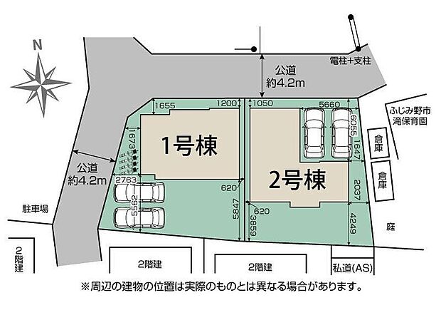 【全体区画図】カースペース並列２台可能です。
広々とした敷地にゆったりとお住まいいただけます。