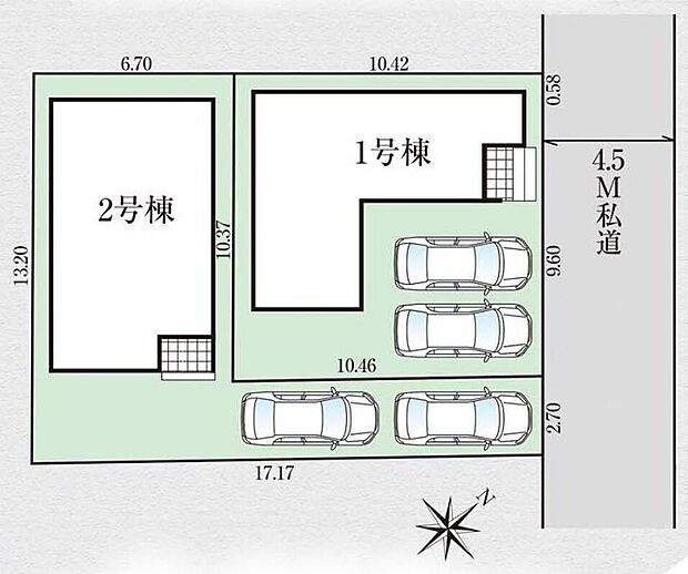 【全体区画図】駐車スペース2台分♪
急な来客時も安心です。車通勤やお買物もラクラク♪