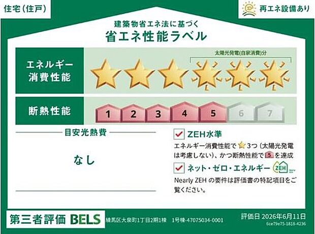 【【省エネ性能ラベル】】こちらの物件はZEH水準を満たした、省エネ性能に優れた物件です。　光熱費を抑えて暮らすことができるだけでなく、「熱の入りにくさ・逃げにくさ」という観点でも影響を受けにくい建物のため、長く快適にお過ごしいただけます♪