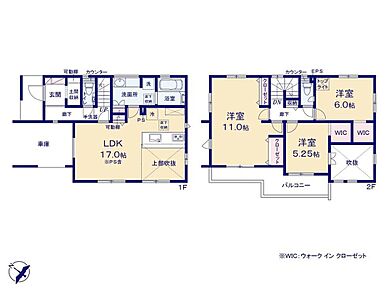 リビングに開放感のある吹抜けをプラスした広々LDKです♪オープンサニタリーと可動棚付きのリネン庫でゆとりある洗面室♪２部屋にＷＩＣ完備で季節物のお洋服もたっぷり収納できます◎ 