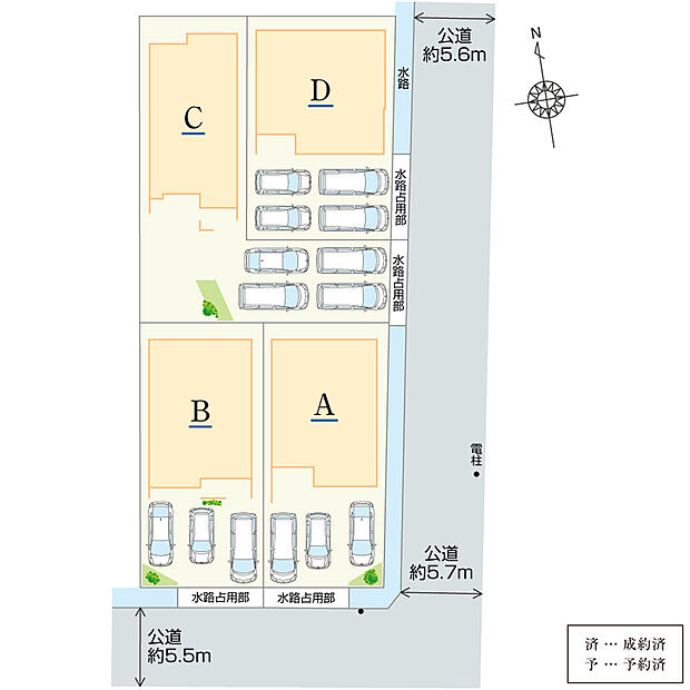 南東角地を含む全4棟の街並みです。3台以上の駐車スペースを全棟に設けています。お車がない場合はお子様の遊び場として活用できるほか、来客用の駐車スペースとしても重宝します。