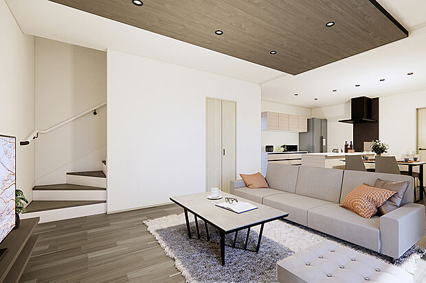 家族の距離を縮めるリビング内階段。いってきます、ただいまが飛び交うように!/8号地完成予想パース