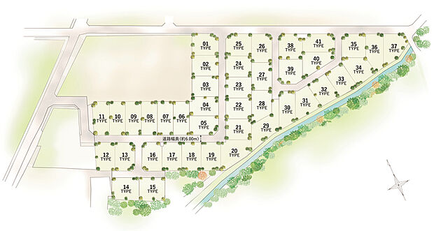 全区画300m2超の敷地を確保したランドデザイン。敷地の広さを活かした平屋プランの新街区です。街の中には季節の移ろいを感じられる植栽や、コミュニティを育むベンチを設置します。（※全体区画図）