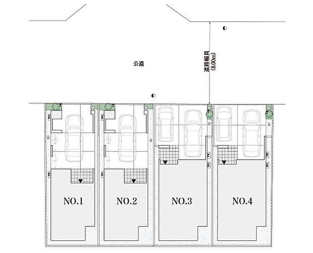 前面道路約8ｍ超、駐車スペースにはお車を最大2台お停めいただけます。