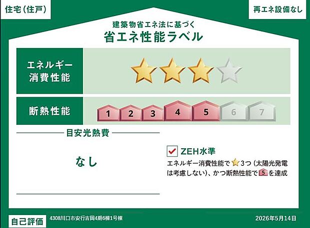 こちらの物件はZEH水準を満たした、省エネ性能に優れた物件です。 ※本ラベルは特定の住戸の性能を示すものであり、全ての住戸の性能を示すものではありません。