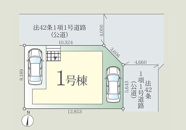 土地102m2超のゆとりある区画。駐車スペースは車種により2台分を確保。