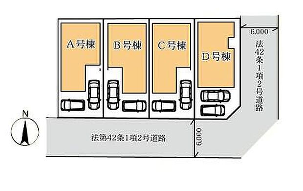 全4区画を整然と配置し、全棟にカースペース2台分を確保。約30坪前後の敷地を活かし、住空間と駐車スペースのバランスを考えた区画計画です。