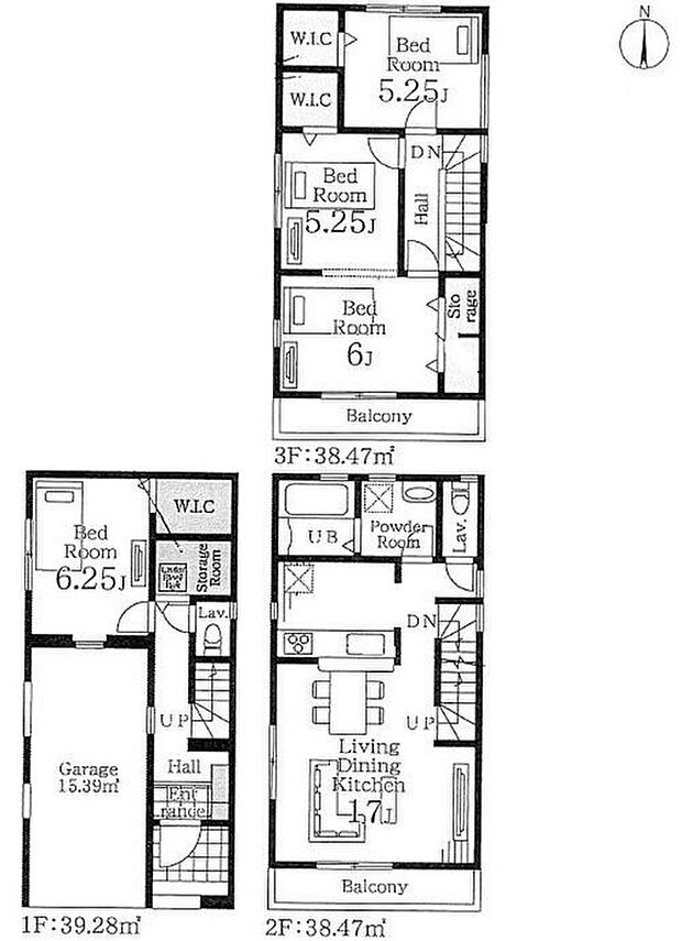 【4LDK】建物面積は車庫部分（約15.39m2）含まれます。

☆ウォークインクローゼット×3を設置☆
衣類だけでなく、鞄などの小物からスーツケースやレジャー用品などの大きな物までたっぷり収納できます♪