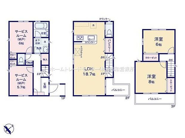 【2LDK+2S】☆主寝室は8帖でゆったり☆
2階の居室3部屋を6帖以上の広々空間を確保致しました！主寝室は8帖ありバルコニーに面して開放感もあります♪