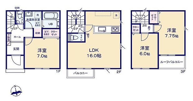 【3LDK+S】●陽当たりとプライバシーを考えた2階リビングプラン♪
●LDK16帖、全居室6帖以上でゆとりの広さ！
●ルーフバルコニーは２部屋より出られて便利。陽射しをたっぷり楽しもう。