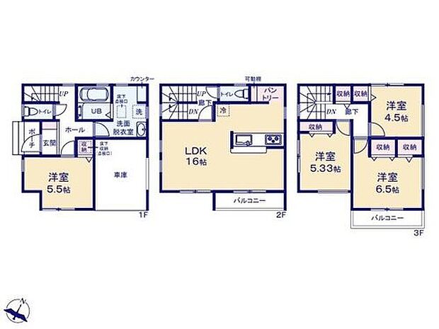 【4LDK】◇雨の日も濡れずに降りられるビルトインガレージ付き♪
◇陽当りとプライバシー性に恵まれた2階リビングプラン♪
◇お水や調味料のまとめ買いしても置き場所に困らないパントリー付き♪