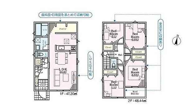【4LDK】キッチン後方には、まとめ買いしても置き場所の心配いらずのパントリーを採用♪家族が多いとすぐなくなってしまう水や食材をまとめ買いしても置き場所に困らないのはうれしいですね♪