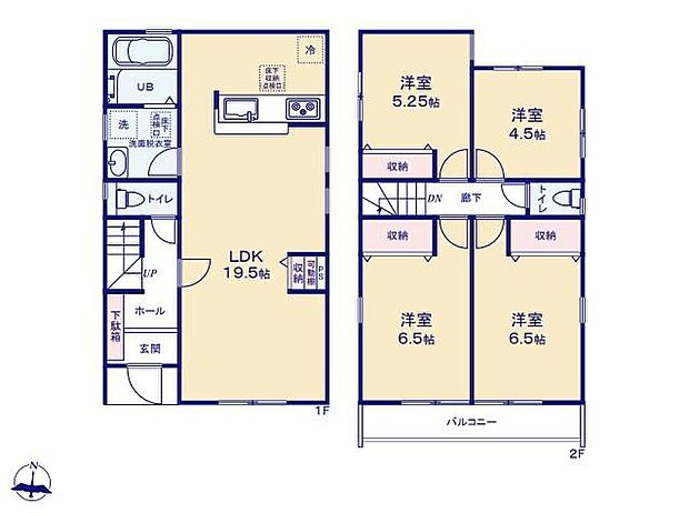 【4LDK】☆開放感溢れる19帖を超えるLDK☆
家具を配置しても空間にゆとりが生まれる広さのLDKです！
水回りを集約しているのでお料理の合間に洗濯物が回せるのも時短に繋がる嬉しいポイント♪