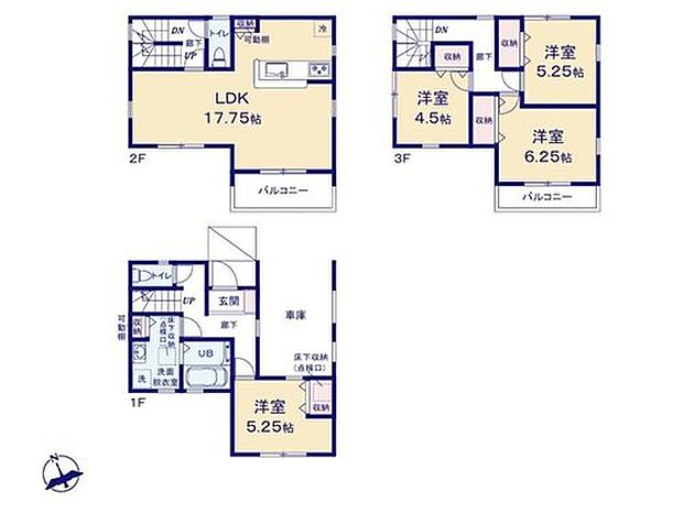 【4LDK】☆2階にリビングを設置☆
三面採光で明るいリビングは広々17.7帖超！ご家族皆さまの憩いの空間となりそうです♪
食品ストックに便利な、稼動棚付きのパントリーを完備！