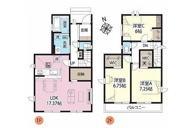【3LDK】17.37帖の広々リビングには家族の共用物入にもなる、奥行のあるリビング収納☆2FにはWICを2カ所完備!お洋服はもちろん、お絵かき、工作などお子様の思い出もたっぷり収められる大型収納です♪