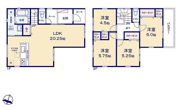 【4LDK】キッチンなどの給排水の音の発生源が住宅の機能的な部分にまとまっており、寝室やリビングなどを騒音から守ることができます。居室を2階に集約し、プライバシーにも配慮した間取りプラン。
