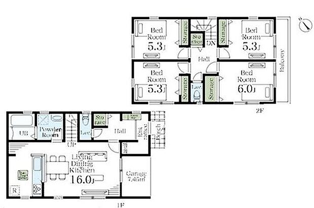 【4LDK】洋室を2階に集約し、プライバシーにも配慮した間取りプラン♪対面式キッチンはご家族との会話を楽しめます！全居室収納、玄関収納、2F廊下収納など収納スペースがしっかりとあるのでお部屋もスッキリです☆