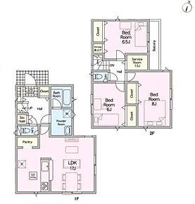 全洋室が6帖以上の3LDK！広くて使いやすい間取りです♪食品ストックをたっぷり収納できるキッチン横のパントリー。玄関、廊下収納も3カ所あるのでアウトドア用品などさっとしまえますね！ 