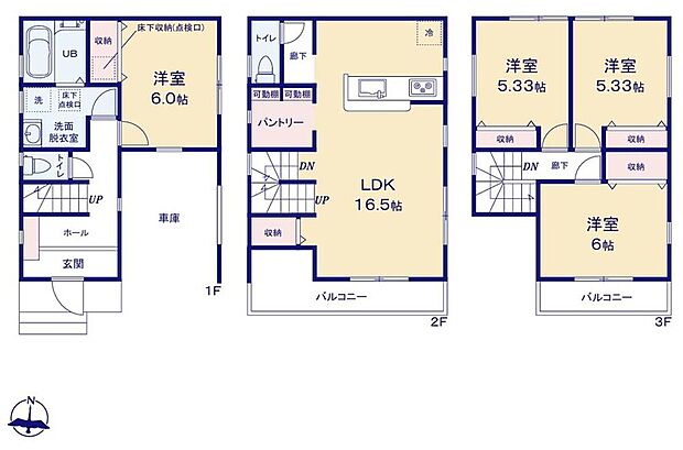 【4LDK】2階リビングは風通し良好で、プライバシーも守られ、ご家族みんなで過ごす空間をより居心地良くしてくれます♪各居室、パントリー、リビングにも収納を完備しているのでお部屋もスッキリできます!