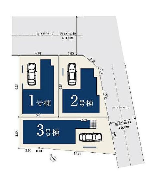 【全体区画図】車通りの少ない前面道路 小さなお子様がいても安心です。ビルトインガレージの車庫は雨からお気に入りのお車を守ってくれます♪