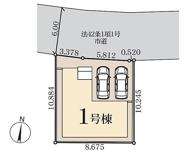 【全体区画図】駐車スペース並列2台分完備☆
車通勤の方にもおすすめです♪
前面道路幅はゆったり6ｍなので、落ち着いて車の出し入れができます！