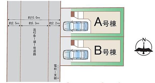 【全体区画図】前道が10mあるので、車庫入れが苦手な方でも安心して入れられます。雨の日も濡れずに降りられるビルトインガレージ付き♪