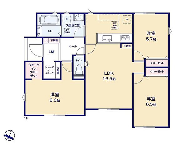 【3LDK】生活動線がコンパクトで人気の平屋プラン♪
LDKを中心にした間取で家族が自然と顔を合わせます◎
主寝室にはWIC付きで衣類や小物をたっぷり収納☆