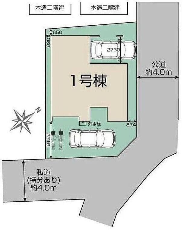 【全体区画図】陽光と風の心地よさを感じる角地のお住まいです。カースペースは２台分！前面道路は車通りが少ないため、駐車の際にも慌てることがなく安心です♪