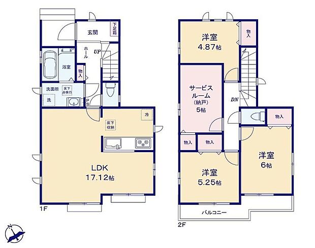【3LDK+S】対面キッチンから17帖超のLDKを見渡せるので会話も弾みます♪2階に部屋をまとめることで、プライベート空間も保てます☆納戸は季節物を置いたり、窓も付いているので換気もでき、居室としてもお使いいただけます!