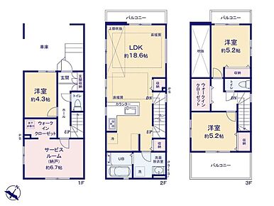 3面採光の18.6帖ＬＤＫ☆パントリー＆リビング収納付き♪水回り集中設計◎
大容量のWIC（2ヶ所）完備♪ワイドバルコニー設置でお洗濯も快適☆
6.7帖の納戸は2面採光で十分な広さがあり居室としても利用できます♪ 