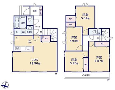 洋室を2階に集約し、プライバシーにも配慮した間取りプラン☆
LDKに収納が設計されているのでリビングもスッキリ片付きます！
2部屋から移動できる便利なバルコニー付き♪ 