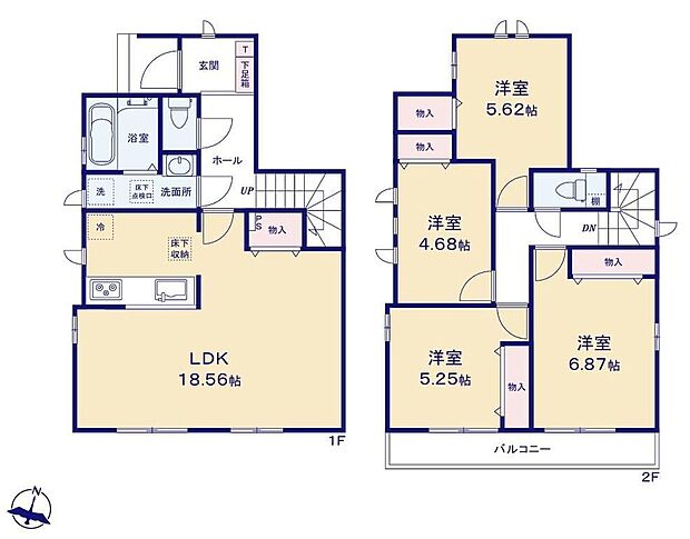 【4LDK】洋室を2階に集約し、プライバシーにも配慮した間取りプラン☆
LDKに収納が設計されているのでリビングもスッキリ片付きます!
2部屋から移動できる便利なバルコニー付き♪