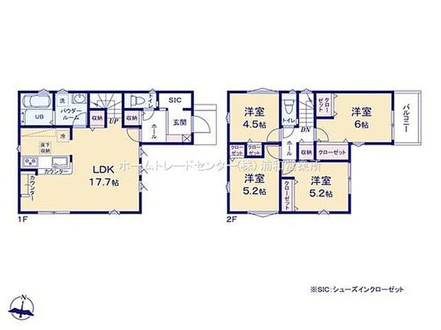 【3LDK+S】2階には6帖・5.25帖・5.2帖・4.5帖の洋室を配置し、各居室に収納を確保。1階には家族が集まるLDKと水回りをまとめ、キッチンから使えるスタディカウンターや廊下収納など、日々の暮らしやすさにも配慮されています。