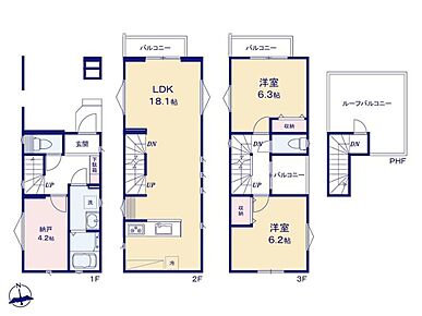 2LDK+Sプラン♪LDKは広々18.1帖☆3面採光＆バルコニー付き♪
1階には4.2帖のサービスルーム完備◎多目的に利用可能です☆
3階には廊下から直接出入り可能なバルコニーを設置☆お洗濯物もらくらく♪ 