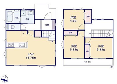 ☆2階に居室3部屋☆2階全洋室が6帖以上！広くて使いやすい間取りです♪バルコニーが二方向に面しているので日当たりが良い時間が長く、お洗濯物が乾きやすいです！ 
