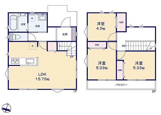 【4LDK】☆2階に居室3部屋☆2階全洋室が6帖以上!広くて使いやすい間取りです♪バルコニーが二方向に面しているので日当たりが良い時間が長く、お洗濯物が乾きやすいです!