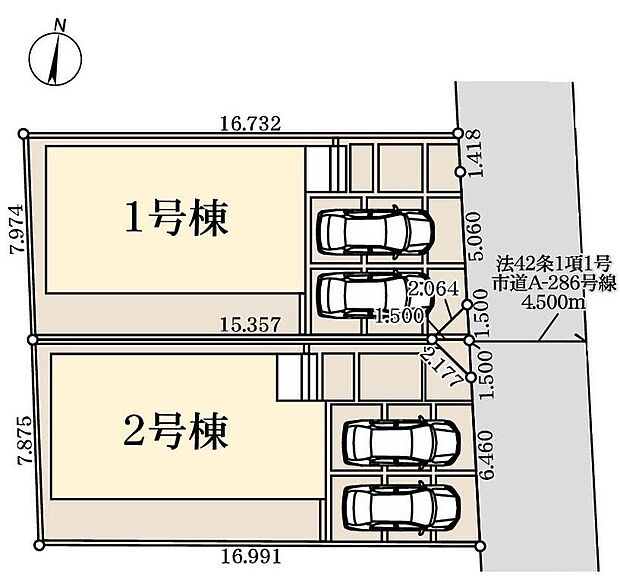【全体区画図】駐車2台(車種による)確保!来客用や自転車を置いても◎並列でお車を停められるのでラクラク♪コンビニが徒歩5分も魅力的☆是非ご覧ください♪