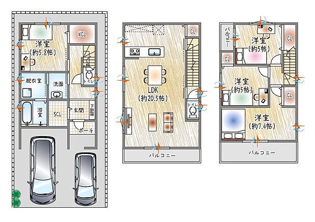 【駐車2台可能プランのご提案】LDKは約20.5帖大空間です。ご家族皆様でゆったりとお寛ぎいただけます。3階建て×4LDKの駐車場2台を確保しました◎
