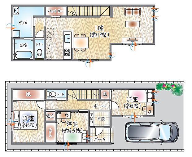 【2号地/参考プラン(1)】(ベストプラン建物価格:2380万円~)
■建物面積:91.93m2 ■2階建て×3LDK
19帖LDKとパントリー、水回り集約で家事も団らんも快適な住まい◎