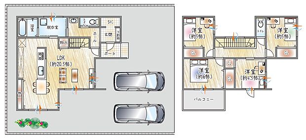 【参考プラン】(セミオーダー建物価格:2580万円~)
■建物面積:105.57m2 ■2階建て×4LDK
20帖の広々LDKと豊富な収納が魅力!各居室も広さがあるゆとり設計です♪並列駐車2台可能◎