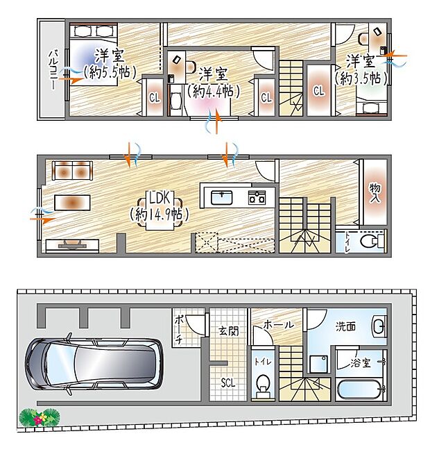 【参考プラン(1)】(ベストプラン建物価格：2430万円～)
■建物面積：88.40m2 ■3階建て×3LDK
SICや各所収納を備え、スッキリ暮らせる3LDKプラン
