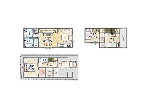 【確定プラン】(土地建物価格:3960万円)
■建物面積:約86.97m2 ■3階建て×3LDK
大容量のウォークインクローゼット付き3階建て。2階に水回りを集約した、生活動線の良い使いやすい間取り