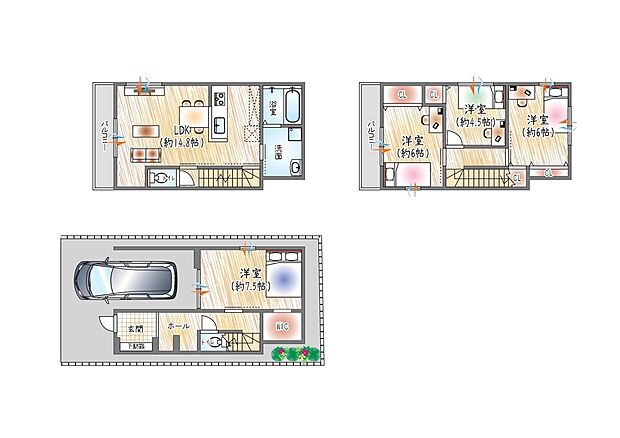【1号地/参考プラン(1)】(ベストプラン建物価格:2480万円~)
■建物面積:99.38m2 ■3階建て×4LDK
大容量のウォークインクローゼット付き!2階水回り集約で家事動線◎