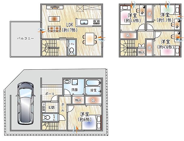 【【1号地/参考プラン(2)】】(ベストプラン建物価格:2180万円~)
■建物面積:99.10m2 ■3階建て×4LDK
家族の時間も、自分の時間も大切にできる住まい。フロア分けで心地よい距離感を保てます。