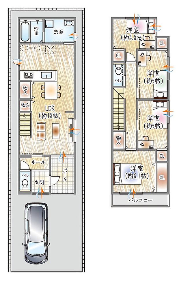 【【1号地/参考プラン(2)】】(ベストプラン建物価格:2180万円~)
■建物面積:98.12m2 ■2階建て×4LDK
18帖LDK×各居室ゆとりある設計。生活リズムの違いにも配慮◎