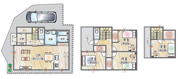 【【参考プラン(4)】】(セミオーダー建物価格:2310万円~※ライフシェアメンバーシップ適用価格) ■建物面積:108.91m2 ■3階建て×4LDK
SIC+WIC+各居室収納付き。各居室6帖のゆとり設計