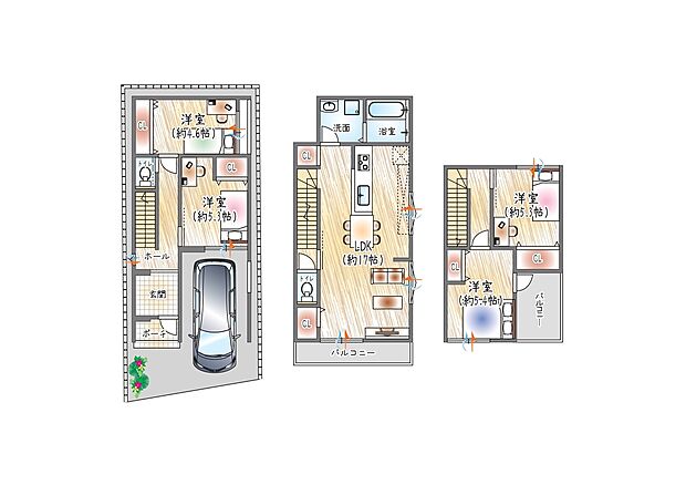 【【参考プラン図(2)】】(ベストプラン住宅 建物価格:2380万円~)
■3階建て/4LDK ■建物面積:約98.73m2
2階に水回りを集約、家事動線すっきり◎
