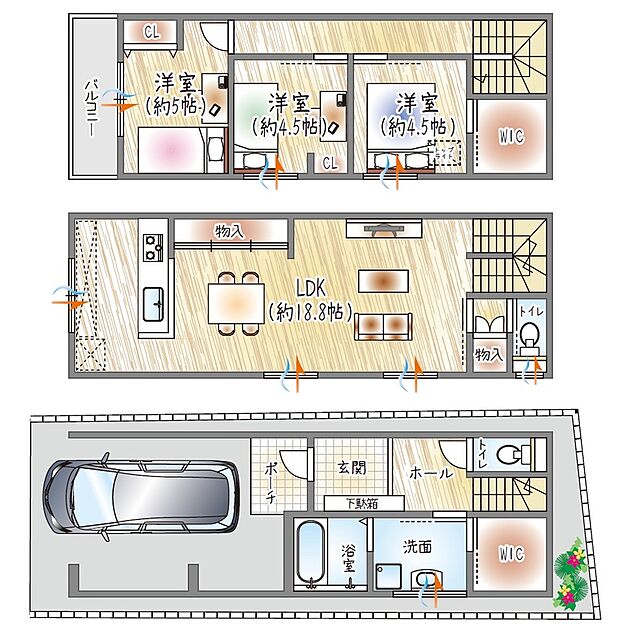 【【参考プラン(3)】】(ベストプラン建物価格：2480万円～)
■建物面積：94.05m2 ■3階建て×3LDK
18.8帖LDK×WICで、ゆとりと収納を兼ね備えた住まい